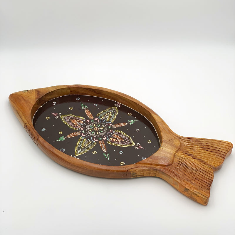 Hand Painted Wood Carved Brown Tray