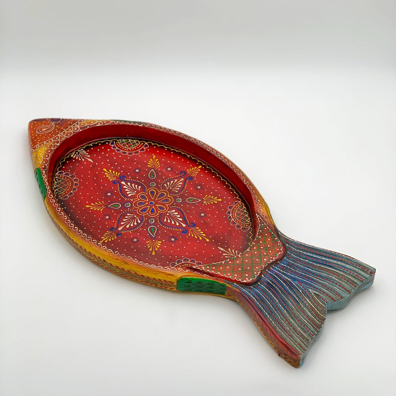 Hand Painted Wood Carved Red Tray