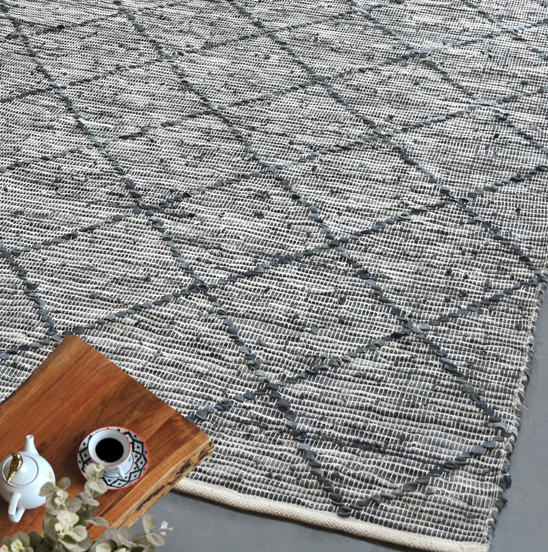 Handwoven Grey Leather Rug